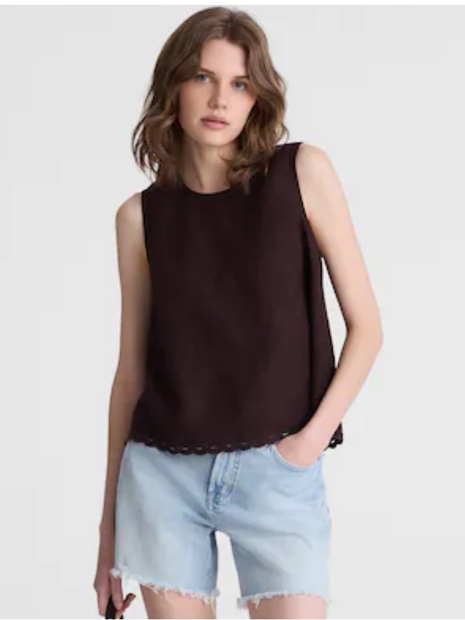 Madewell Shell Top In 100% Linen Sleeveless Scallop-Hem Tank - Cocoa